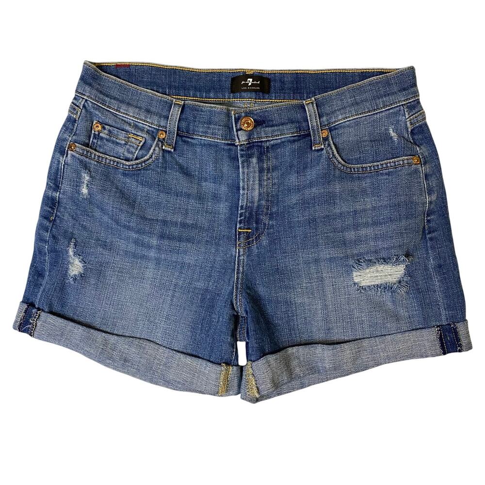 7 For All Mankind FAM Women's 30 Mid Roll Shorts Broken Twill Denim Vanity Wash